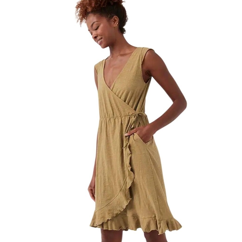 Pact Organic Cotton Wrap Dress w/ Pockets Olive Khaki XS